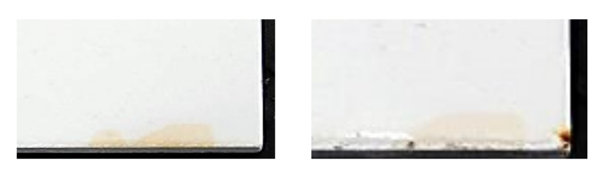 Fluxtrol | ASM HTS 2019 Improving Corrosion Resistance of Soft Magnetic Composites for Induction Heat Treating Applications Figure 6 - Close up of corrosion on Fluxtrol A with additional surface preparation (left) and without (right) after 168 hours of humidity testing with Coating C applied.