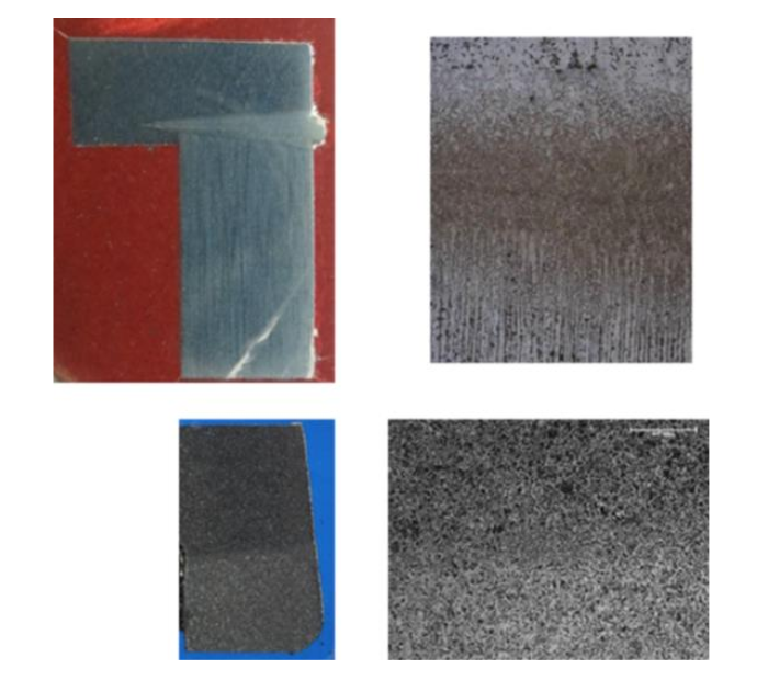 Fluxtrol | Hot Hydroforging for Lightweighting - Figure 11: The macro and micro structure of the weld zone between the steel end cap and the steel tube before (the top pictures) and after (the bottom pictures) the hot hydrofroging show that the weld zone healed after hot hydroforging.