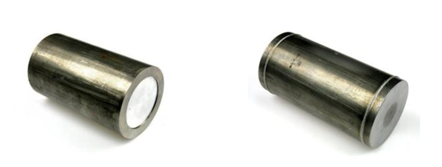 Fluxtrol | Hot Hydroforging for Lightweighting - Figure 2: Steel-aluminum bimaterial billet where an aluminum core is inserted into a steel tube on the left and two steel end caps are welded to the tube to complete the assembly on the right.