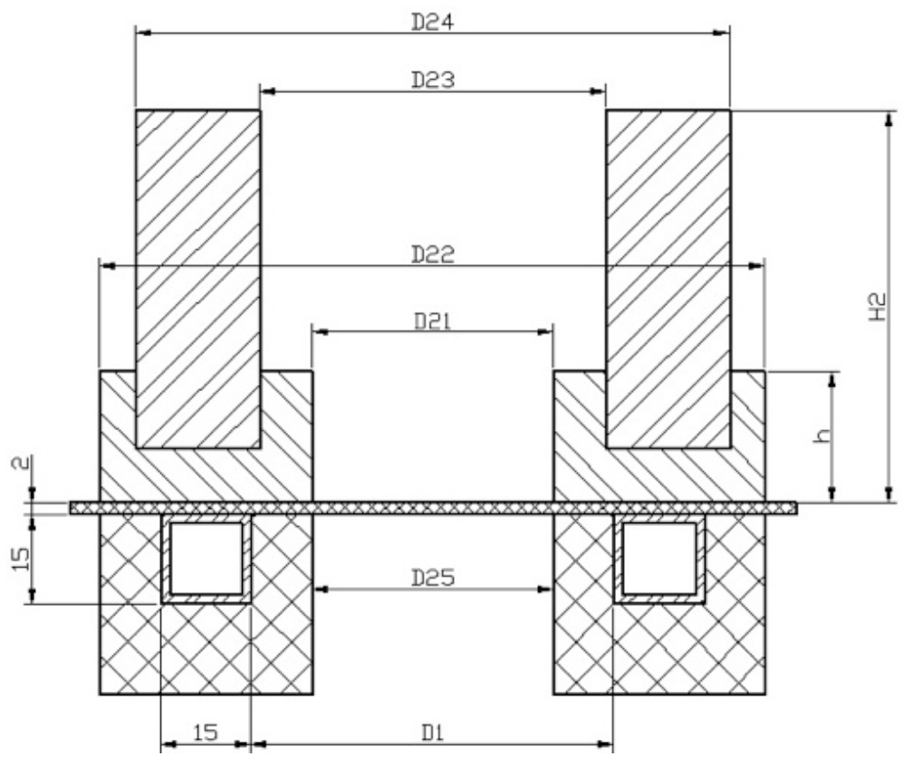 Fluxtrol Simulation of Induction System for Brazing of Squirrel Cage Rotor - Figure 2: Sketch of the rotor with the inductor: D1 - diameter of the coil, D22 - outer diameter of the ring, D21 - inner diameter of the ring, h - height of the ring.